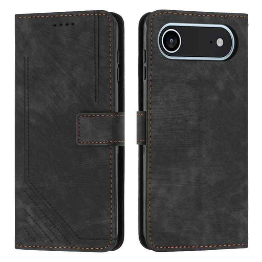 For iPhone 17 Air Skin Feel Stripe Pattern Leather Phone Case with Lanyard(Black)