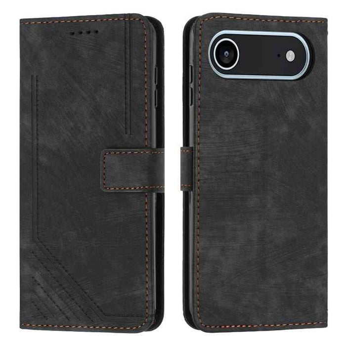 For iPhone 17 Air Skin Feel Stripe Pattern Leather Phone Case with Lanyard(Black)