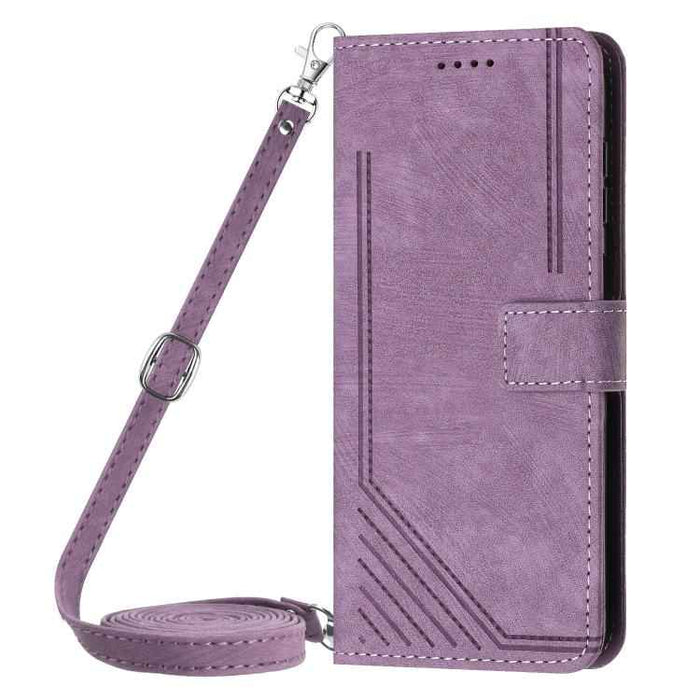 For iPhone 17 Air Skin Feel Stripe Pattern Leather Phone Case with Lanyard(Purple)