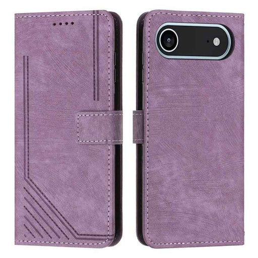 For iPhone 17 Air Skin Feel Stripe Pattern Leather Phone Case with Lanyard(Purple)