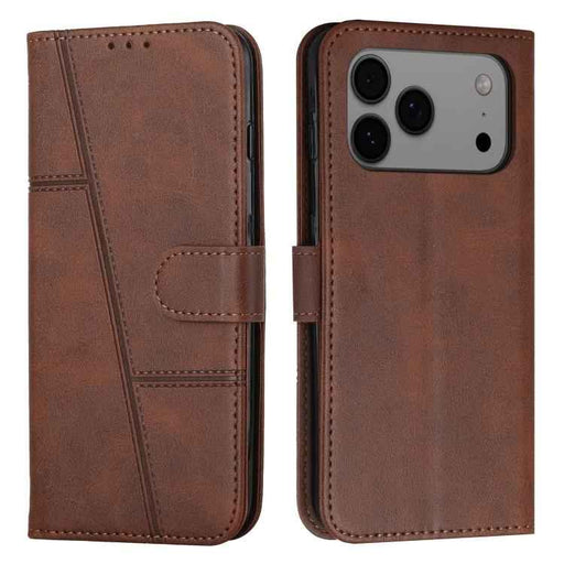 For iPhone 17 Pro Max Stitching Calf Texture Buckle Leather Phone Case(Brown)