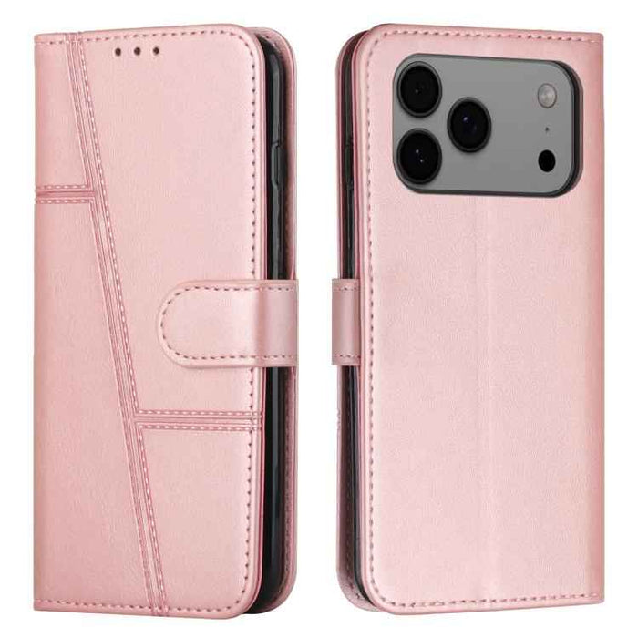 For iPhone 17 Pro Max Stitching Calf Texture Buckle Leather Phone Case(Rose Gold)