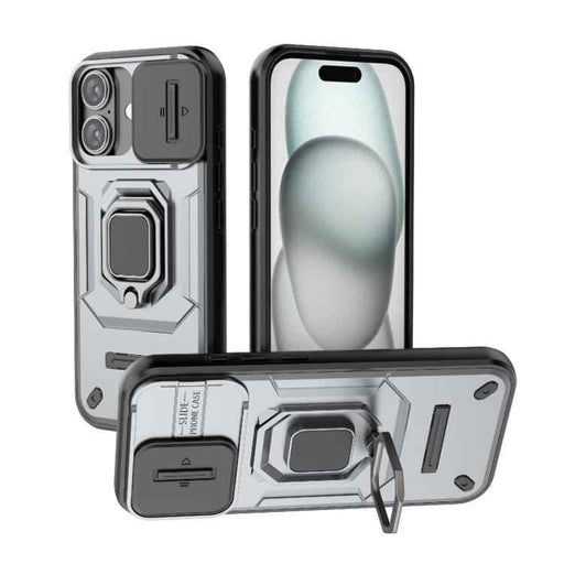 For iPhone 17 Sliding Camshield TPU + PC Shockproof Phone Case with Holder(Grey)