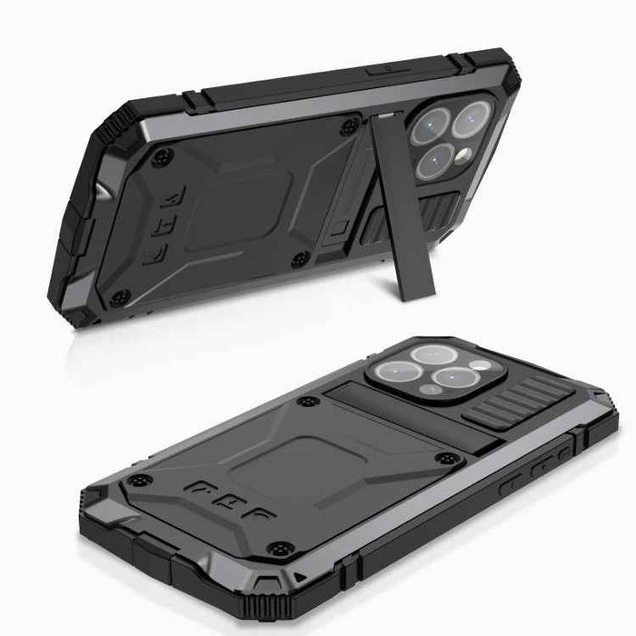 For iPhone 15 Pro Max R-JUST Shockproof Life Waterproof Dust-proof Metal + Silicone Phone Case with Holder(Black)