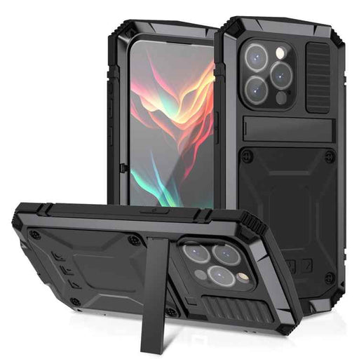 For iPhone 15 Pro Max R-JUST Shockproof Life Waterproof Dust-proof Metal + Silicone Phone Case with Holder(Black)