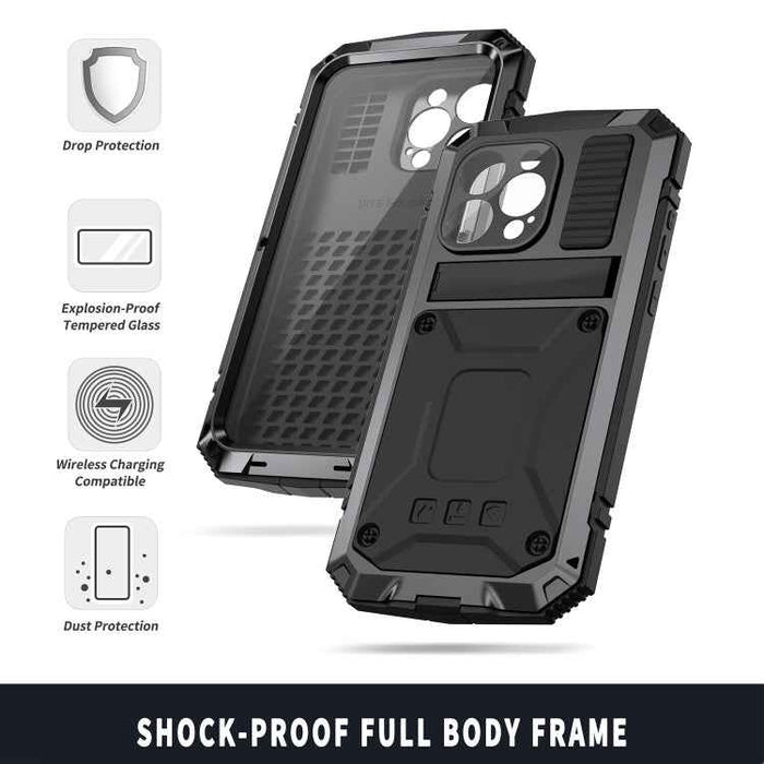 For iPhone 15 Pro Max R-JUST Shockproof Life Waterproof Dust-proof Metal + Silicone Phone Case with Holder(Black)