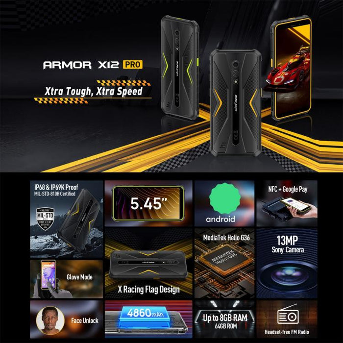 Ulefone Armor X12 Pro, IP68/IP69K Rugged Phone, 5.45 inch Android 14 MediaTek Helio G36 Octa Core, Network: 4G, NFC