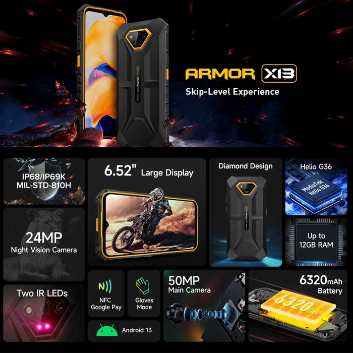 Ulefone Armor X13, IP68/IP69K Rugged Phone, 6.52 inch Android 13 MediaTek Helio G36 Octa Core, Network: 4G, NFC, OTG