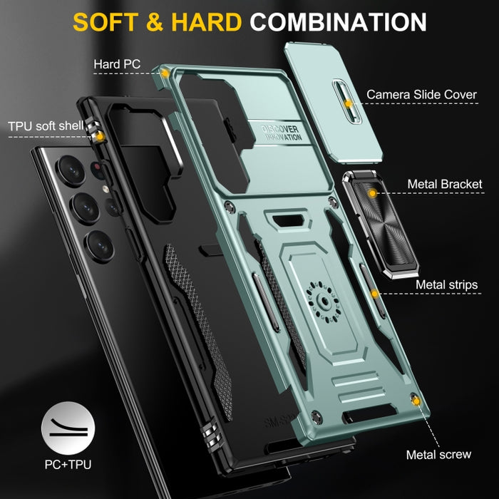 Armor PC + TPU Camera Shield Phone Case, For Samsung Galaxy S24 Ultra 5G, For Samsung Galaxy S23 FE 5G, For Samsung Galaxy S24+ 5G, For Samsung Galaxy A54, For Samsung Galaxy S24 5G, For Samsung Galaxy A15, For Samsung Galaxy A05s