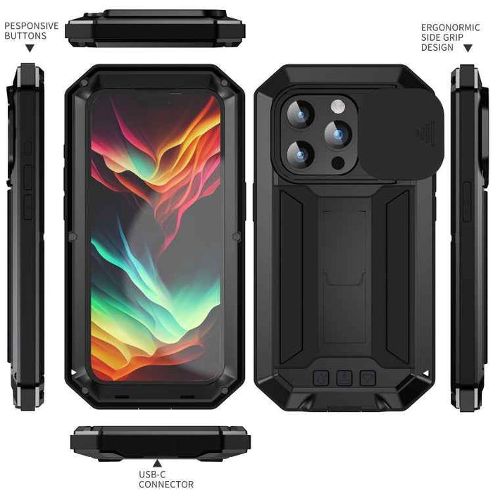 For iPhone 15 Pro Max R-JUST Sliding Camera IP54 Life Waterproof Holder Phone Case(Black)
