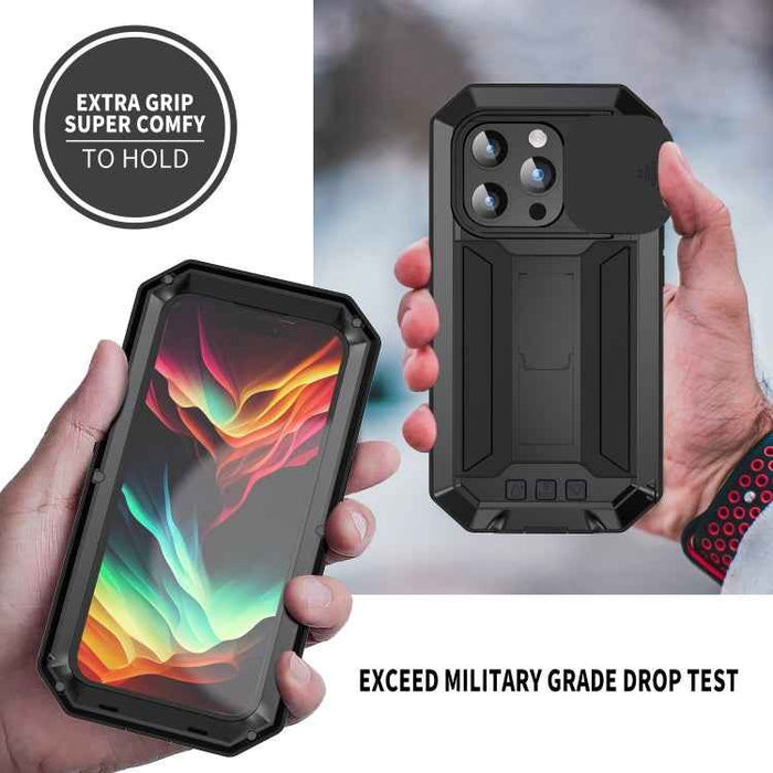 For iPhone 15 Pro Max R-JUST Sliding Camera IP54 Life Waterproof Holder Phone Case(Black)
