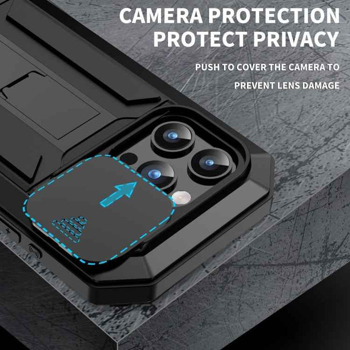 For iPhone 15 Pro Max R-JUST Sliding Camera IP54 Life Waterproof Holder Phone Case(Black)