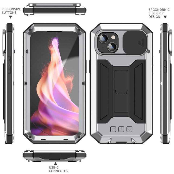 For iPhone 15 R-JUST Sliding Camera IP54 Life Waterproof Holder Phone Case(Silver)