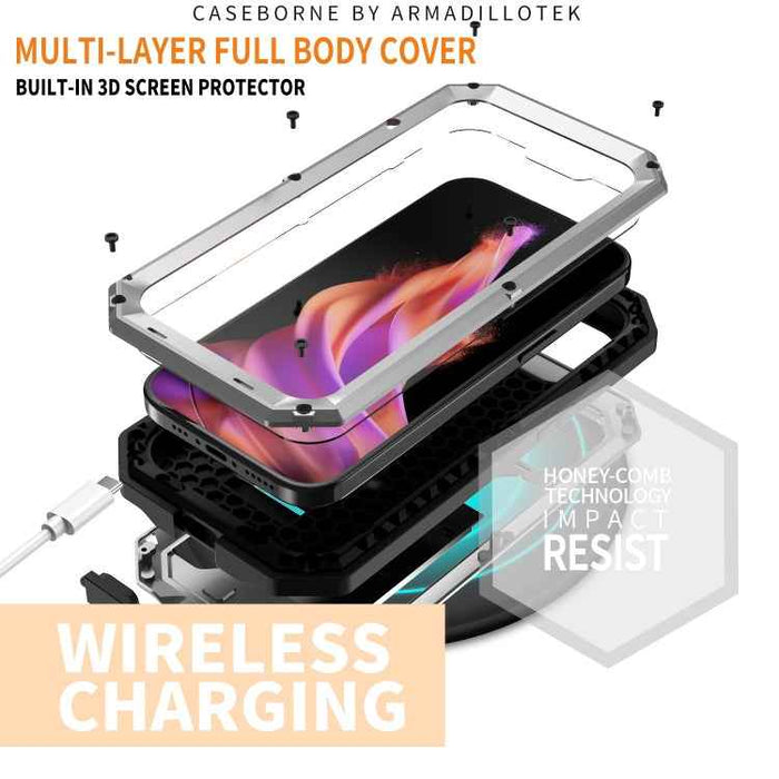 For iPhone 15 R-JUST Sliding Camera IP54 Life Waterproof Holder Phone Case(Silver)