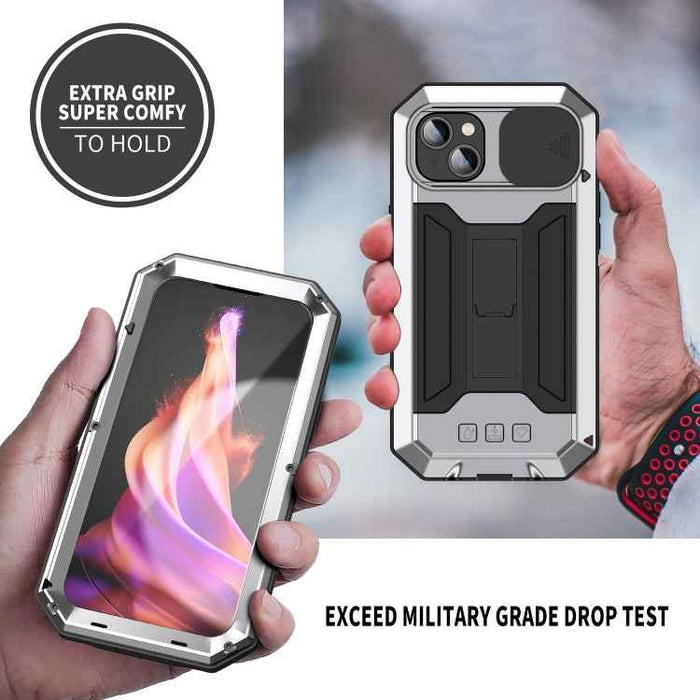For iPhone 15 R-JUST Sliding Camera IP54 Life Waterproof Holder Phone Case(Silver)