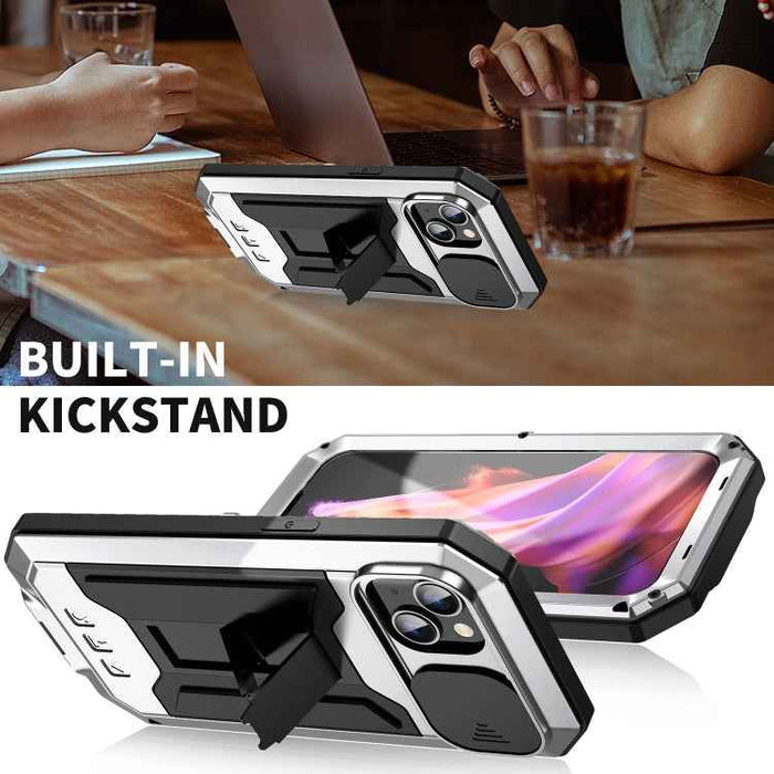 For iPhone 15 R-JUST Sliding Camera IP54 Life Waterproof Holder Phone Case(Silver)