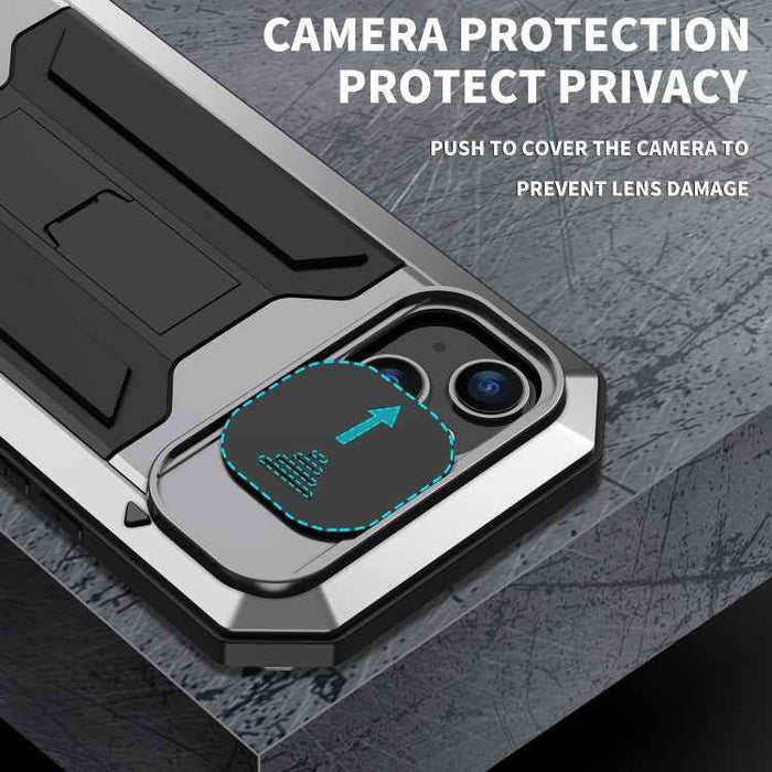 For iPhone 15 R-JUST Sliding Camera IP54 Life Waterproof Holder Phone Case(Silver)