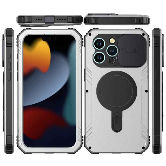 For iPhone 15 Pro Max Camera Shield MagSafe Holder Life Waterproof Phone Case(Silver)