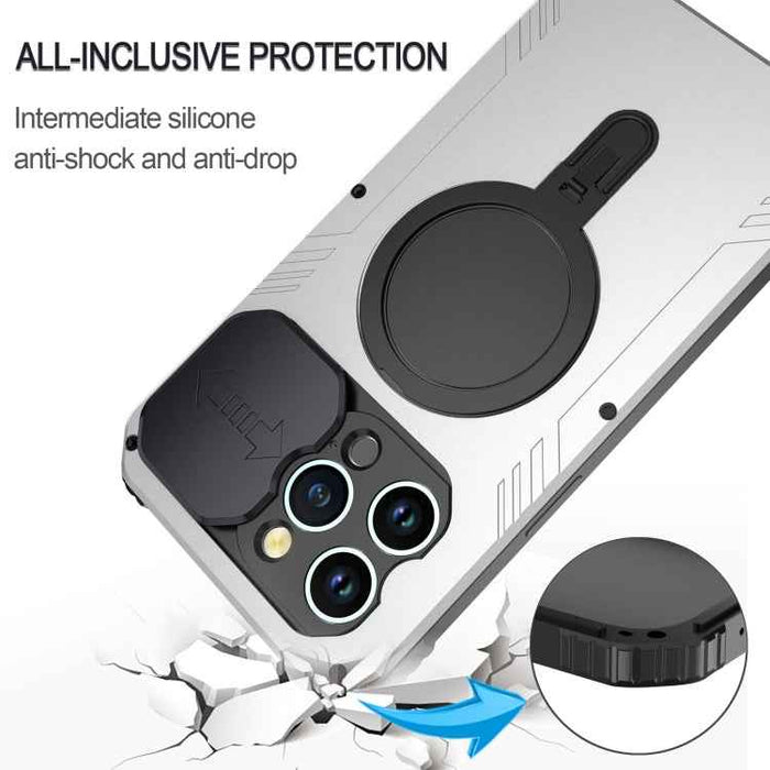 For iPhone 15 Pro Max Camera Shield MagSafe Holder Life Waterproof Phone Case(Silver)