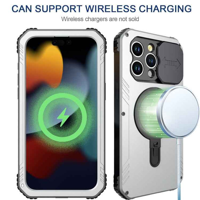 For iPhone 15 Pro Max Camera Shield MagSafe Holder Life Waterproof Phone Case(Silver)