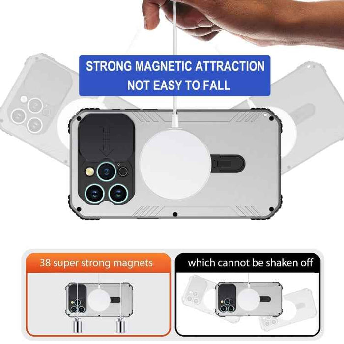For iPhone 15 Pro Max Camera Shield MagSafe Holder Life Waterproof Phone Case(Silver)