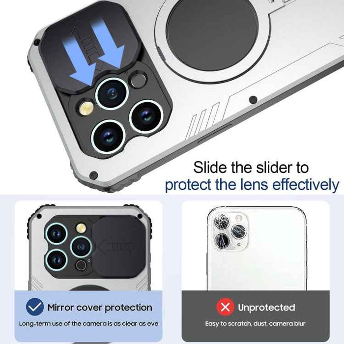 For iPhone 15 Pro Max Camera Shield MagSafe Holder Life Waterproof Phone Case(Silver)