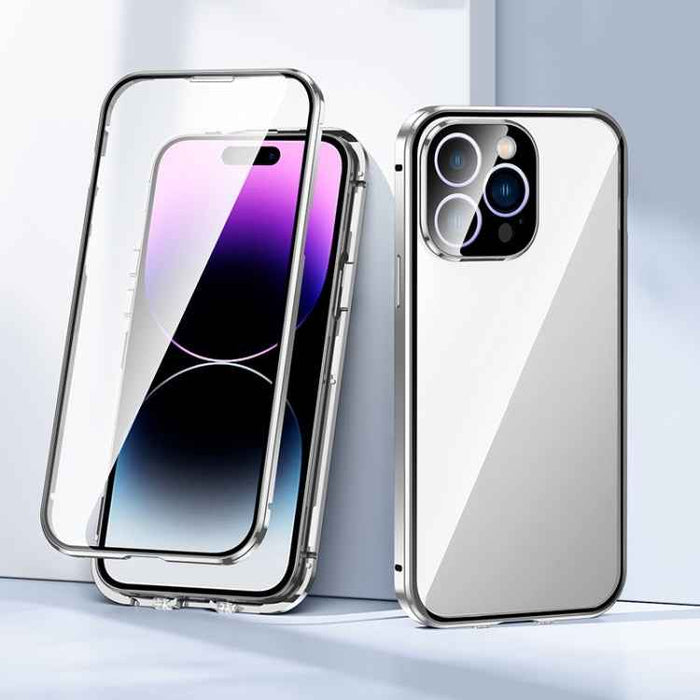 For iPhone 15 Plus Magnetic Double-buckle HD Tempered Glass Phone Case(Silver)