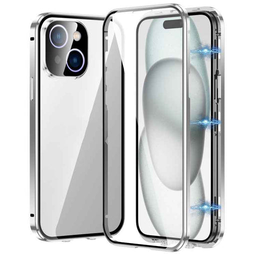 For iPhone 15 Plus Magnetic Double-buckle HD Tempered Glass Phone Case(Silver)