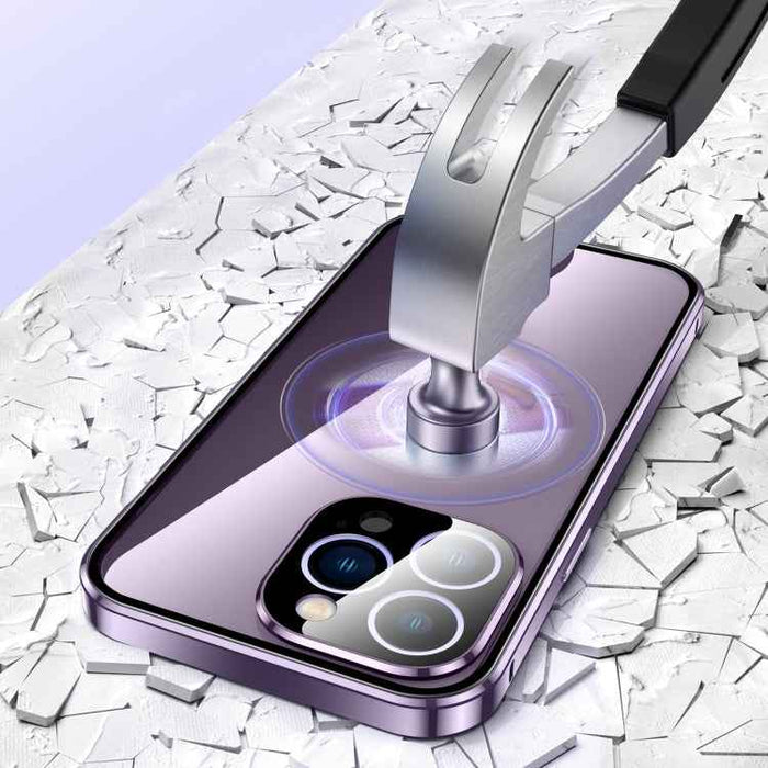 For iPhone 15 Pro Max Magnetic Double-buckle HD Tempered Glass Phone Case(Blue)