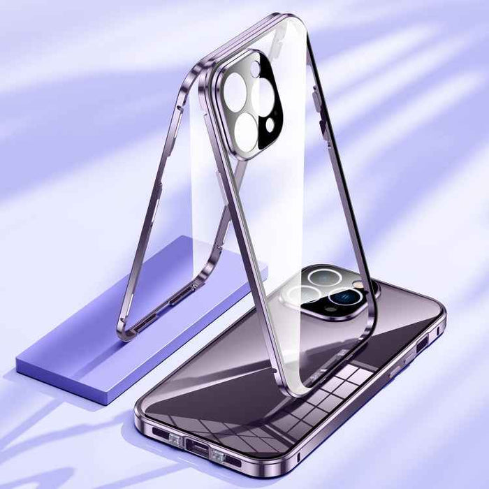 For iPhone 15 Plus Magnetic Double-buckle HD Tempered Glass Phone Case(Silver)