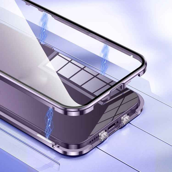 For iPhone 15 Pro Max Magnetic Double-buckle HD Tempered Glass Phone Case(Blue)
