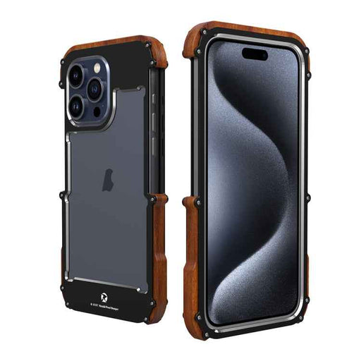 For iPhone 15 Pro Max R-JUST Ironwood Generation Metal Hybrid Wood Phone Case