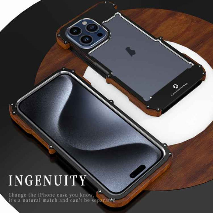 For iPhone 15 Pro Max R-JUST Ironwood Generation Metal Hybrid Wood Phone Case