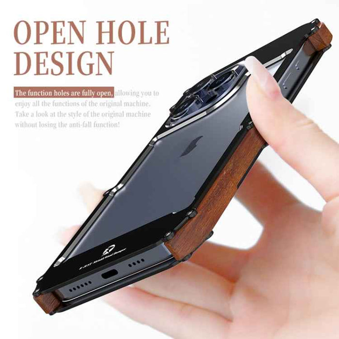 For iPhone 15 Pro Max R-JUST Ironwood Generation Metal Hybrid Wood Phone Case