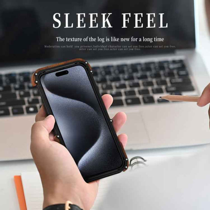 For iPhone 15 Pro Max R-JUST Ironwood Generation Metal Hybrid Wood Phone Case