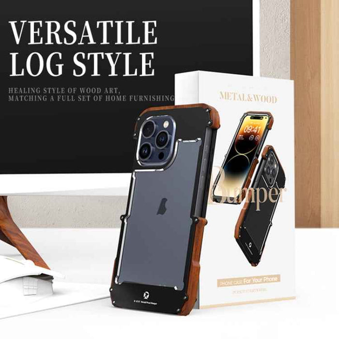 For iPhone 15 Pro Max R-JUST Ironwood Generation Metal Hybrid Wood Phone Case