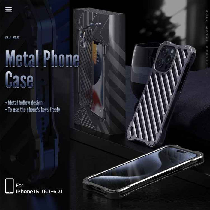 For iPhone 15 Pro Max R-JUST RJ-50 Hollow Breathable Armor Metal Phone Case(Space Grey)