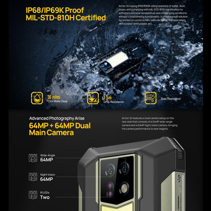 Ulefone Armor 24, Rugged Phone, Side Fingerprint, 22000mAh, 6.78 inch Android 14 MediaTek Helio G96 Octa Core, Network: 4G, NFC