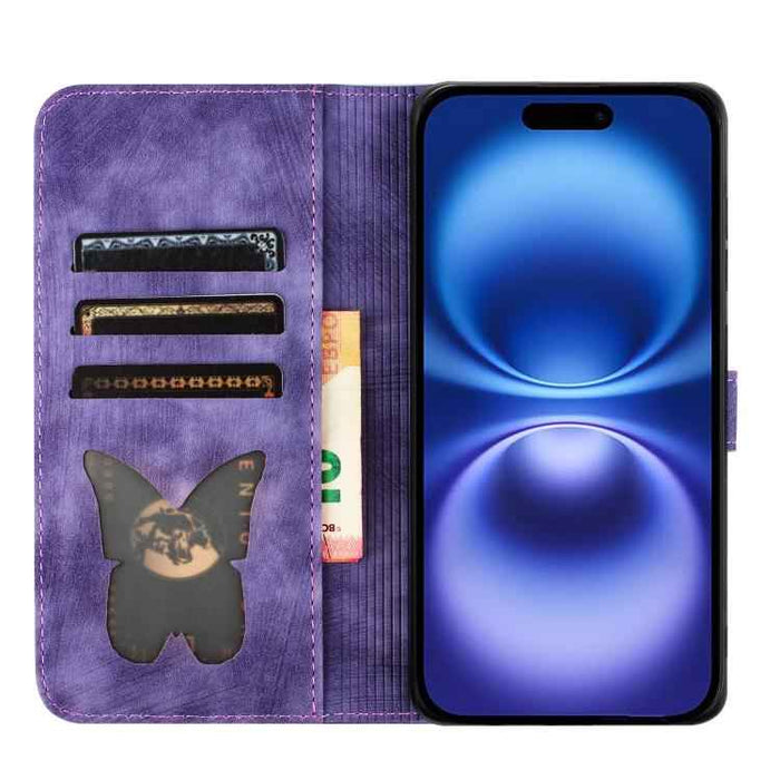For iPhone 17 Pro Max Butterfly Cat Embossing Flip Leather Phone Case(Purple)
