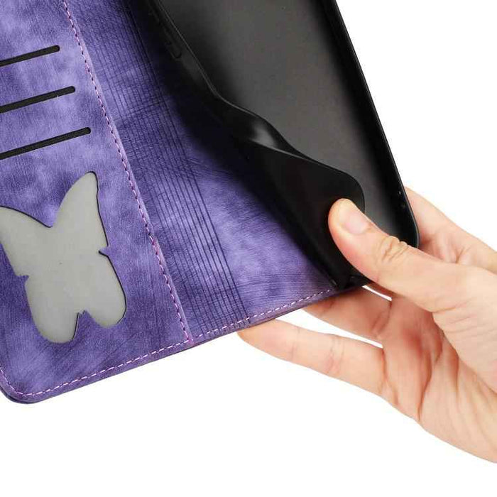 For iPhone 17 Pro Max Butterfly Cat Embossing Flip Leather Phone Case(Purple)
