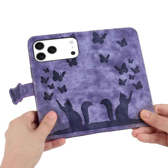 For iPhone 17 Pro Max Butterfly Cat Embossing Flip Leather Phone Case(Purple)