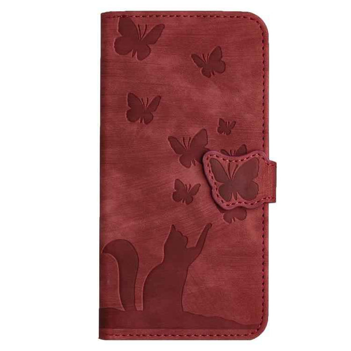 For iPhone 17 Pro Max Butterfly Cat Embossing Flip Leather Phone Case(Red)
