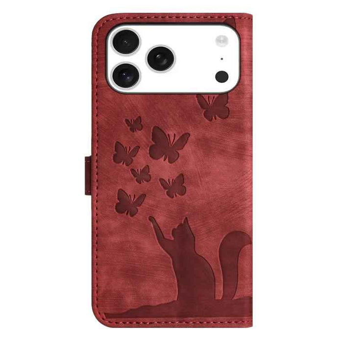 For iPhone 17 Pro Max Butterfly Cat Embossing Flip Leather Phone Case(Red)