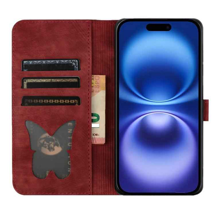 For iPhone 17 Pro Max Butterfly Cat Embossing Flip Leather Phone Case(Red)