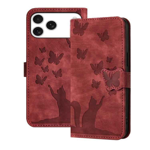 For iPhone 17 Pro Max Butterfly Cat Embossing Flip Leather Phone Case(Red)