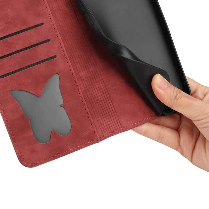 For iPhone 17 Pro Max Butterfly Cat Embossing Flip Leather Phone Case(Red)