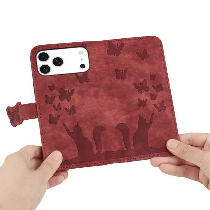 For iPhone 17 Pro Max Butterfly Cat Embossing Flip Leather Phone Case(Red)