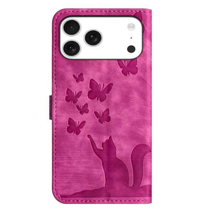 For iPhone 17 Pro Max Butterfly Cat Embossing Flip Leather Phone Case(Pink)