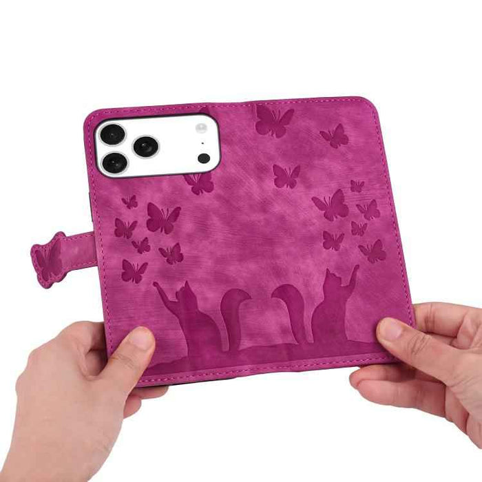 For iPhone 17 Pro Max Butterfly Cat Embossing Flip Leather Phone Case(Pink)