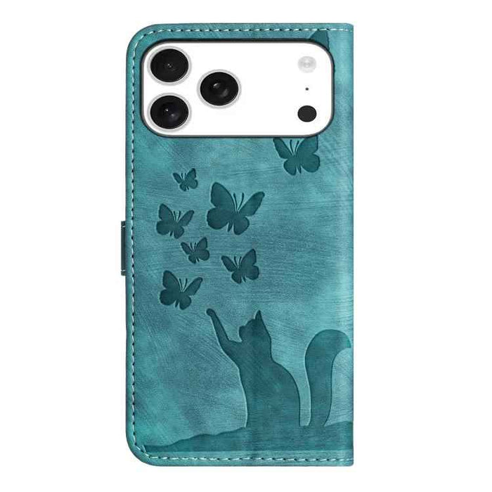 For iPhone 17 Pro Max Butterfly Cat Embossing Flip Leather Phone Case(Wathet)